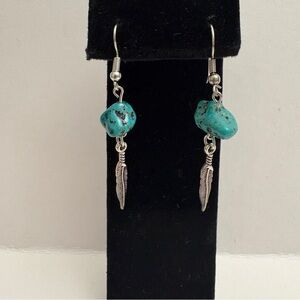 Turquoise and silver dangle earrings with feather, handmade, 2.25" drop